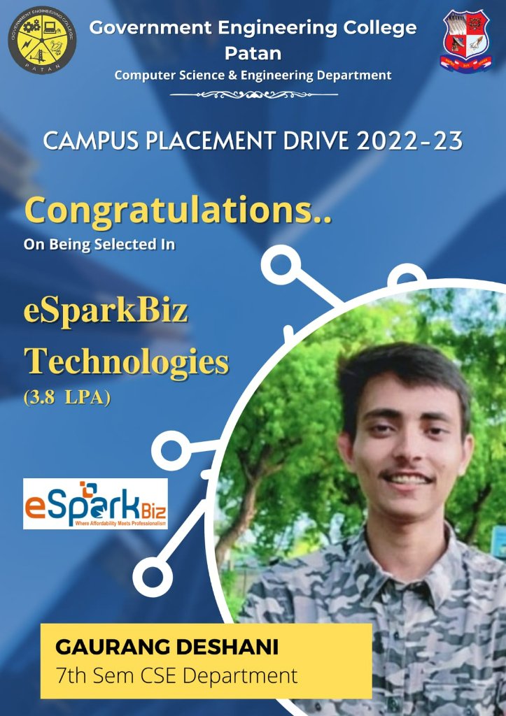 gec_patan's tweet image. Campus Placement

Congratulations, to 9 students from the COMPUTER SCIENCE AND ENGINEERING DEPARTMENT, GEC PATAN for getting selected by the company eSparkBiz for a package (3.24 - 3.84) LPA.
#gecpatan
#placements2022
#esparkbiz
#computerscience