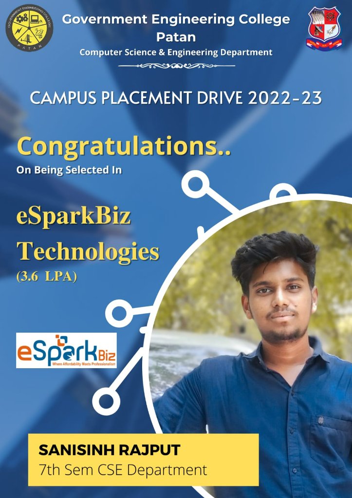gec_patan's tweet image. Campus Placement

Congratulations, to 9 students from the COMPUTER SCIENCE AND ENGINEERING DEPARTMENT, GEC PATAN for getting selected by the company eSparkBiz for a package (3.24 - 3.84) LPA.
#gecpatan
#placements2022
#esparkbiz
#computerscience