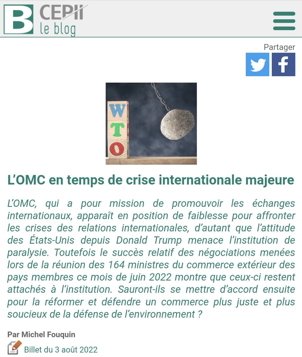 "L’#OMC en temps de crise internationale majeure": la sécurité alimentaire, la reprise des activités de l’Organe de règlement des différends (ORD) et la réforme du fonctionnement de l’OMC restent au cœur des préoccupations.
Analyse de Michel Fouquin 
cepii.fr/BLOG/bi/post.a…
