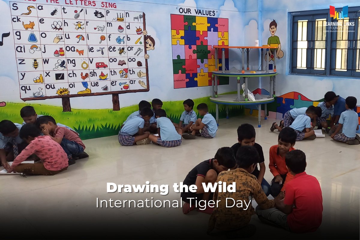 LLF_IN's tweet photo. The Castrol Ujjwal Kal Program team organized a group drawing competition on International Tiger Day. This initiative helped the children understand the importance of tigers in the ecosystem. They also learned about teamwork and coordination.

#LLFturns20 #unlocklifelonglearning https://t.co/1jPxwn4Vyy