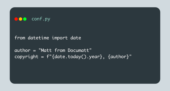 documattcom's tweet image. Never outdated year in copyright in #sphinxdoc. More #tips at techwriter.documatt.com/2021/sphinx-co…