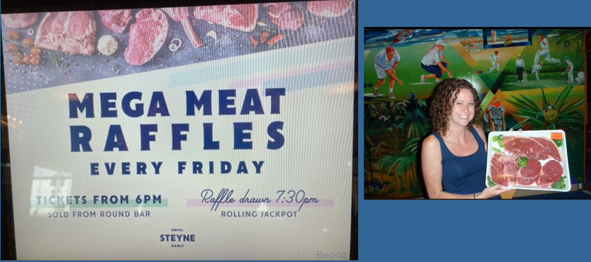 Aussies are right up there with USA and Argentina on meat consumption - 107kg/pc. The Friday night pub/club meat raffle had its genesis in war torn UK. Win the Steyne Hotel raffle &amp; you can take home an entire carcass. If Aussies were cannibals, I’d be no more than a light snack!