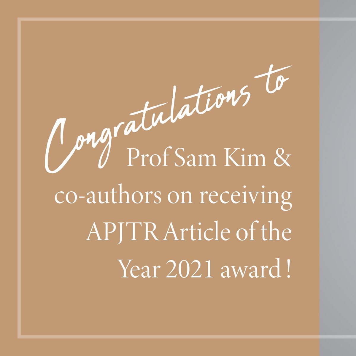 PolyUSHTM's tweet image. Congratulations to #PolyUSHTM Professor Sam Kim whose co-authored article on “Classification of Senior Tourists According to Personality Traits” was recognised by the Asia Pacific Journal of Tourism Research as the APJTR Article of the Year 2021!

#SHTMResearch