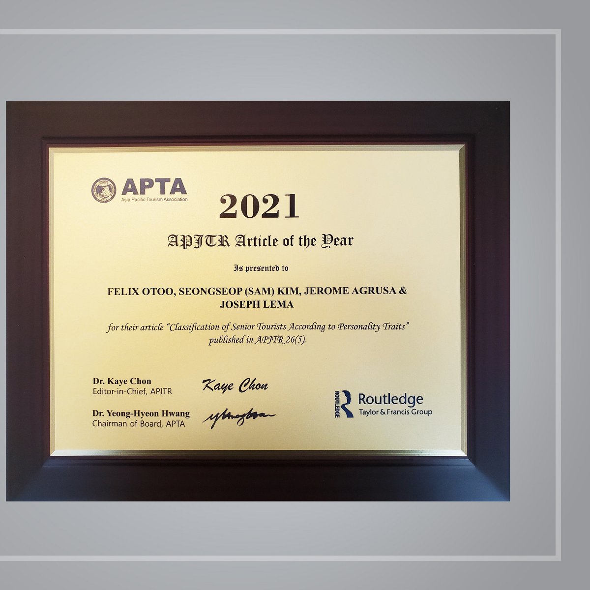 PolyUSHTM's tweet image. Congratulations to #PolyUSHTM Professor Sam Kim whose co-authored article on “Classification of Senior Tourists According to Personality Traits” was recognised by the Asia Pacific Journal of Tourism Research as the APJTR Article of the Year 2021!

#SHTMResearch