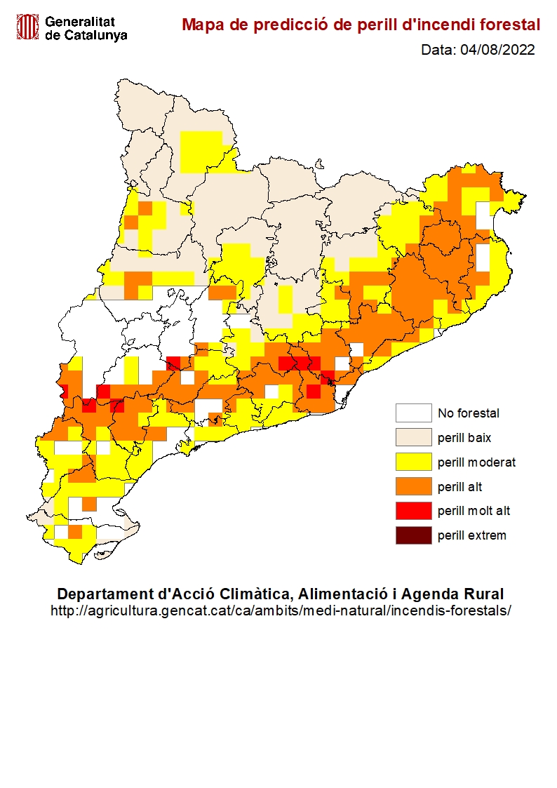 Mapa de predicció de perill d'incendi forestal 4 d'agost