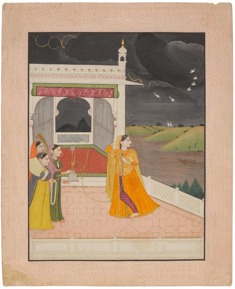 Title: An illustration from a Baramasa series: Courtesans enjoying the arrival of the monsoon 
Region: Kangra, India
Timeline: 1810-1820 CE
Source: Bonhams

<a href="/DalrympleWill/">William Dalrymple</a> @cherishDcherry1 <a href="/Arthistorian18/">Art Historian Gaurav Kumar 🇮🇳</a> <a href="/Aarti_Panday/">Aarti Panday</a> <a href="/swativashishtha/">Swati Vashishtha</a> @Yashaswini_Ch <a href="/yashoazad/">Yashovardhan Jha Azad</a> <a href="/kaarakam/">Premyuvraj</a>