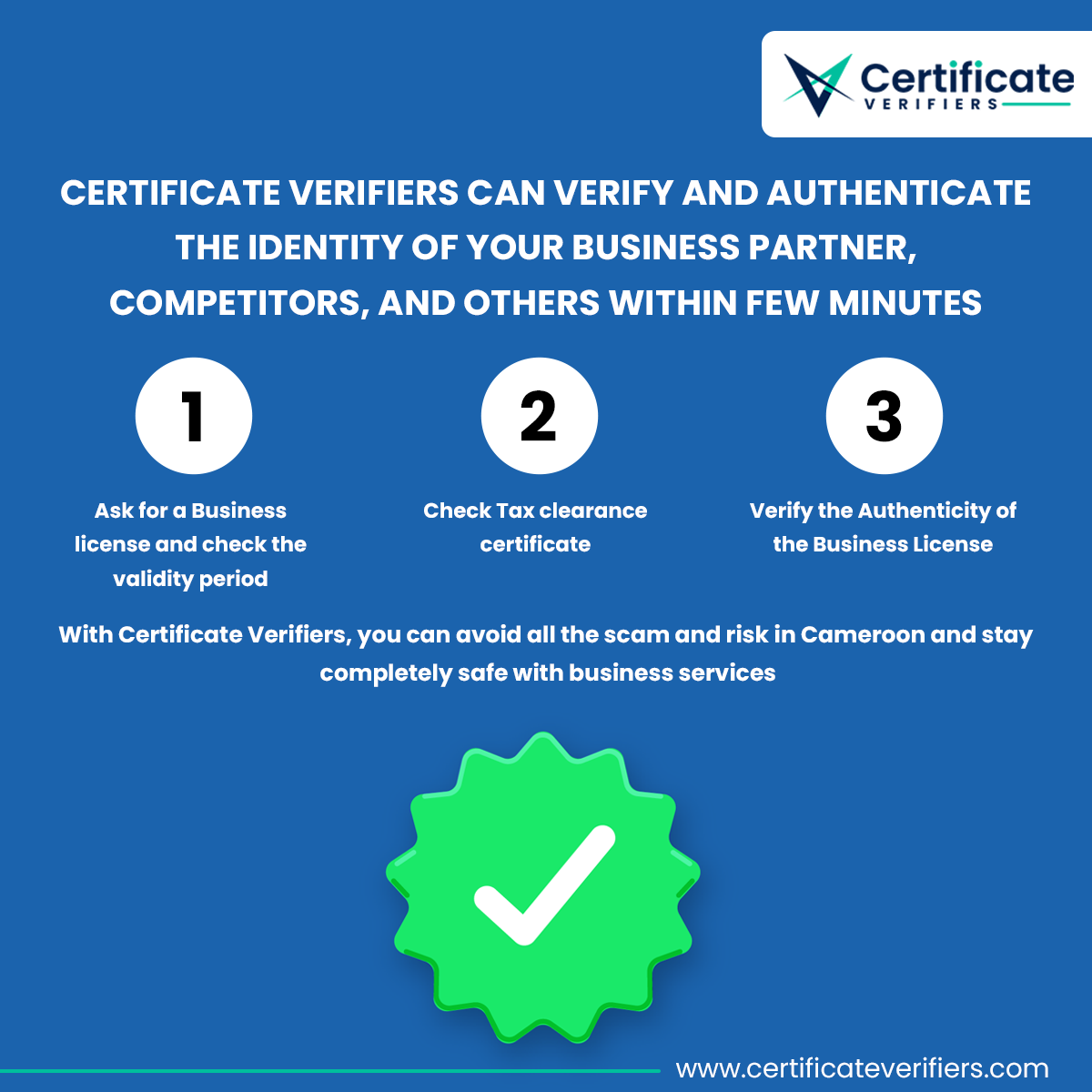 With Certificate Verifiers, you can avoid all the scam and risk in cameroon and stay completely safe with our services

Visit: certificateverifiers.com

#onlineverification #CertificateVerifiers #cv #busniessverifiers #document #verification #busniess