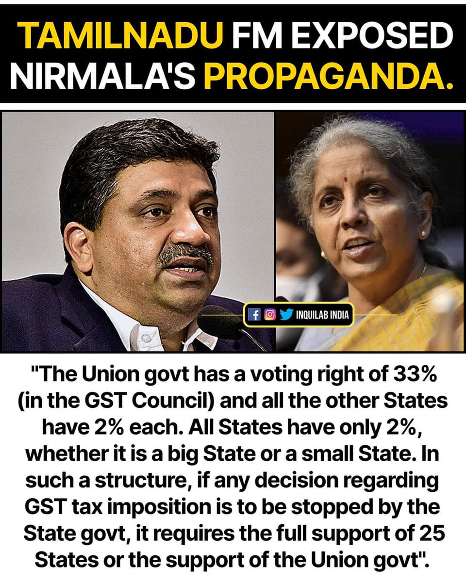 inquilaab_india's tweet photo. So this is the REALITY! Thanks to TN FM for revealing the truth on how GST council works.

#NirmalaSitharaman https://t.co/PQ4rAnfou0