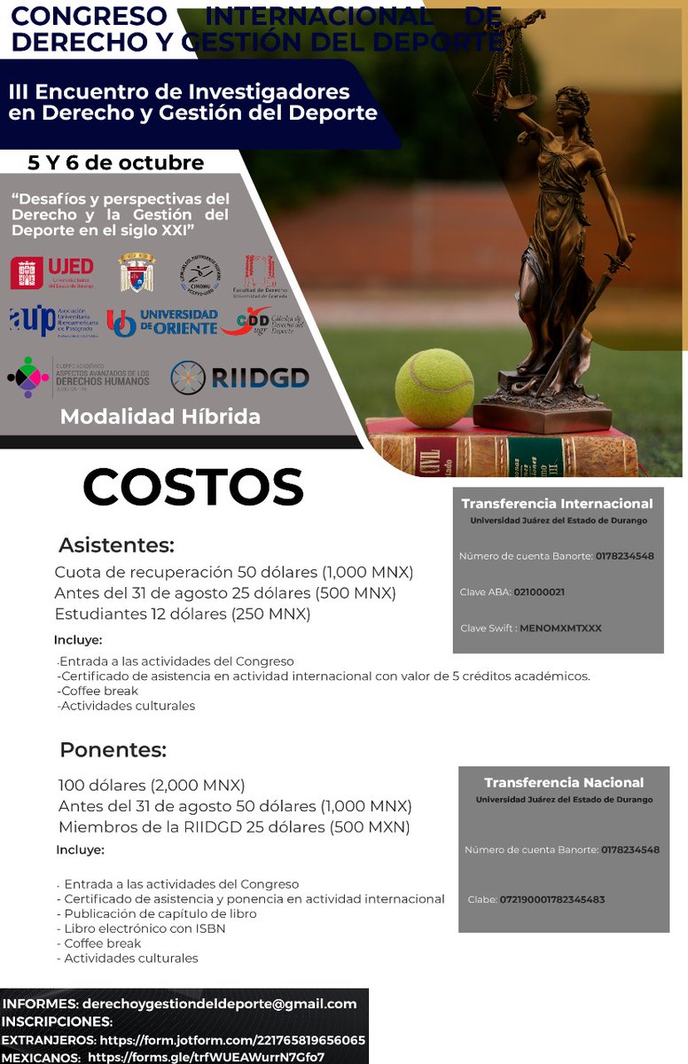 CatedraUgr's tweet photo. La @CatedraUgr @FDerechoUGR colabora con #RIIDGD y @UJED_Oficial  en la organización del III Encuentro de Investigadores en Derecho y Gestión del Deporte a celebrar del 5 al 6 de octubre de 2022. Abierto el plazo para la presentación de ponencias! https://t.co/2ebaQCBa3a