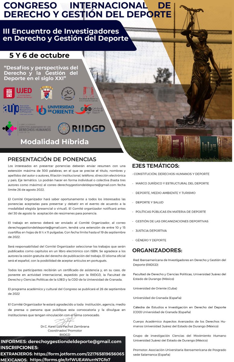CatedraUgr's tweet photo. La @CatedraUgr @FDerechoUGR colabora con #RIIDGD y @UJED_Oficial  en la organización del III Encuentro de Investigadores en Derecho y Gestión del Deporte a celebrar del 5 al 6 de octubre de 2022. Abierto el plazo para la presentación de ponencias! https://t.co/2ebaQCBa3a