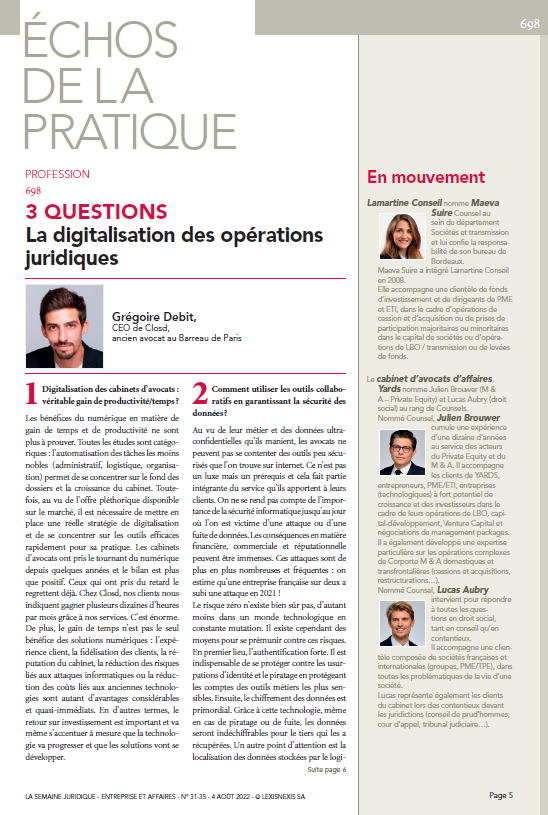 JCPEntreprise's tweet photo. #Avocat - La digitalisation des opérations juridiques, #3Questions à @DebitGregoire in #JCPE n° 31-35 https://t.co/unb8eFqnsu