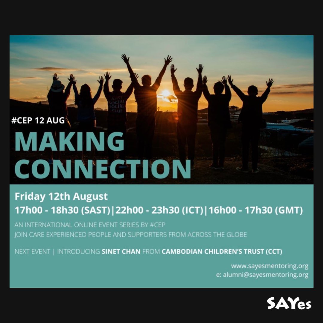 SAYesMentoring's tweet photo. Join our SAYes alumni events to listen to young people from all over the world describe care-experience in their country. 

Next session is led by Sinet Chan from the Cambodian Children’s Trust (CCT). 

🗓12.8.22
5-6.30pm (SAST) 10-11.30pm (ICT) 
Join here:https://t.co/FHUZ90bSMX https://t.co/cU4Y72kpFi