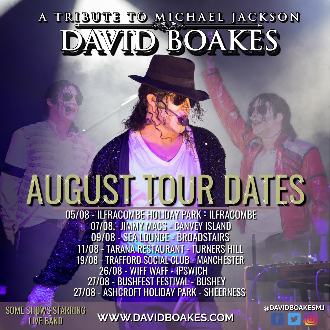 ⭐️ August Public Tour Dates ⭐️ 

#michaeljackson #davidboakes #August #tour #dates #mj #mjfam #mjfan #show #band #dancers #singer #live #whatson #theatre