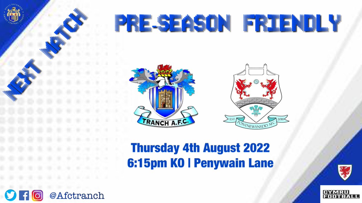 Tranch AFC (@afctranch) on Twitter photo 🔵 Game Day 🔵
<a href="/AfcTranch/">Tranch AFC</a> welcome <a href="/PontnewynyddAFC/">Pontnewynydd AFC</a> to #PenywainLane this evening as we continue our #PreSeason.
Clubhouse will be open for refreshments 🥤☕️ 🔵 Game Day 🔵
<a href="/AfcTranch/">Tranch AFC</a> welcome <a href="/PontnewynyddAFC/">Pontnewynydd AFC</a> to #PenywainLane this evening as we continue our #PreSeason.
Clubhouse will be open for refreshments 🥤☕️