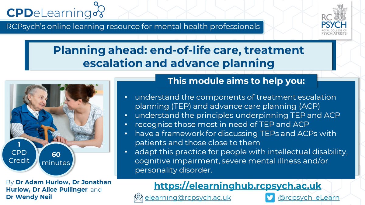 rcpsych_eLearn's tweet photo. 🚨 BRAND #NEW #CPDeLearning #module 'Planning ahead: #endoflife care, treatment escalation and #advancecare planning' is now #LIVE on the hub!
"All professionals involved in care should be equipped to support patients"
🔗 https://t.co/rVNf9wZLPh
#onlinelearning @open_debate https://t.co/NDiF6PctvR