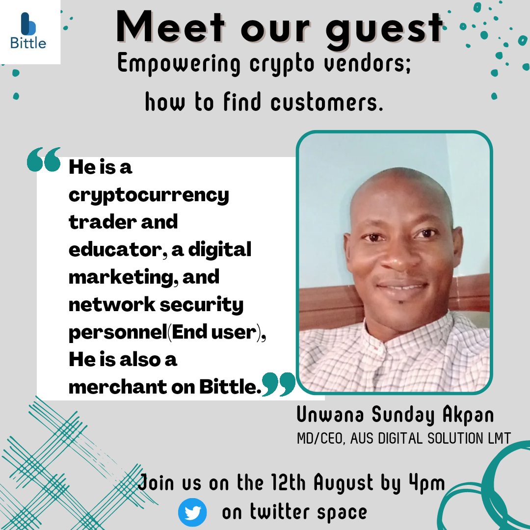 Bittleofficial's tweet photo. Are you still struggling with getting customers as a crypto vendor? 
Join us on the 12th August by 4pm as we learn how to get them with @UnwanaSundayAk1 MD/CEO, AUS DIGITAL SOLUTIONS LIMITED.

Set a reminder with this link
https://t.co/1O9lqlegUi https://t.co/z1LC2TcWgQ