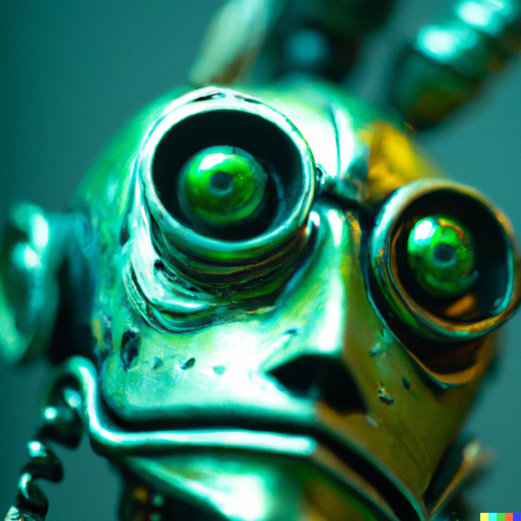 peterkaminski's tweet photo. One of the folks behind the scenes. Small touch-ups in Photoshop. #dalle2 #dalle #aiart #robotface #greenmetalman https://t.co/WjZVBEwVzN