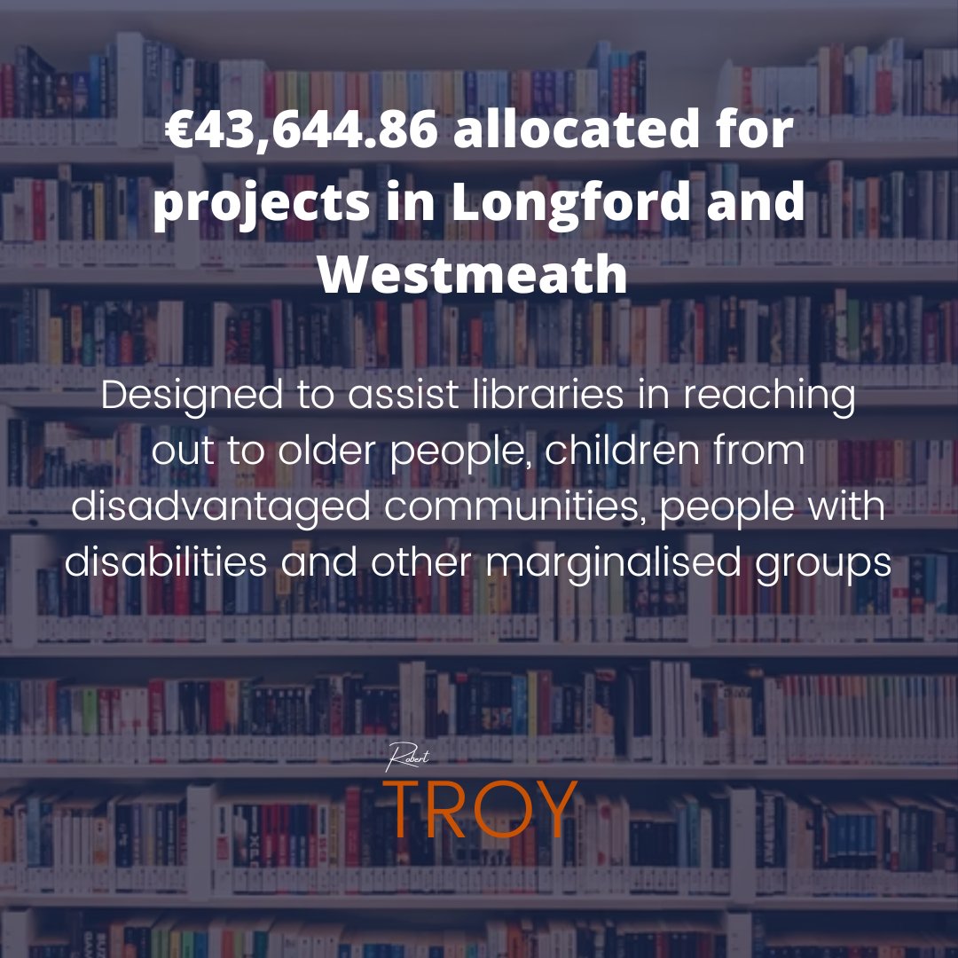 Robert Troy TD (@roberttroytd) on Twitter photo Brilliant to see funding allocated to Longford and Westmeath libraries this morning as part of the €700,000 funding for library supports. This funding will provide a range of equipment, classes and activities in libraries across the country. <a href="/westmeathcoco/">Westmeath County Council</a> <a href="/longfordcoco/">Longford County Council</a> Brilliant to see funding allocated to Longford and Westmeath libraries this morning as part of the €700,000 funding for library supports. This funding will provide a range of equipment, classes and activities in libraries across the country. <a href="/westmeathcoco/">Westmeath County Council</a> <a href="/longfordcoco/">Longford County Council</a>