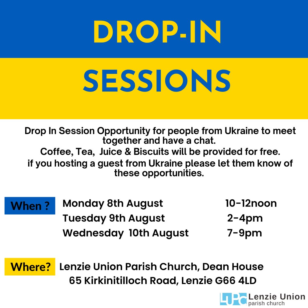 LenzieUnion's tweet photo. We have some drop-in session for people from Ukraine in the local communities. If you are able please share and let other people know of these opportunities. https://t.co/EXSPqSEtlM