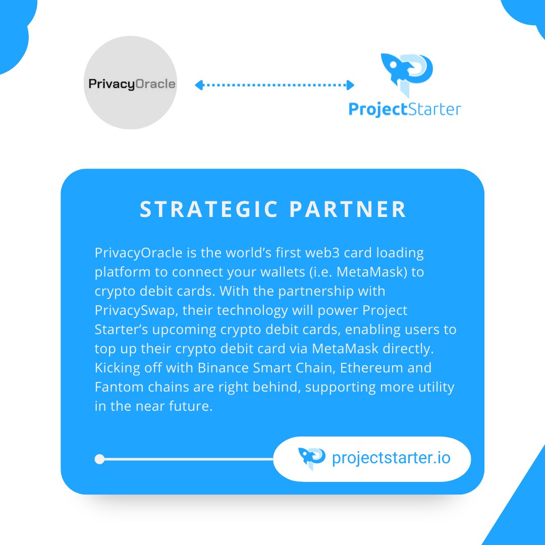 _projectstarter's tweet photo. PrivacyOracle is the world’s first web3 card loading platform. With the partnership with PrivacySwap, their technology will power Project Starter’s upcoming crypto debit cards, enabling users to top up their crypto debit card via MetaMask directly.
#projectstarter #privacyoracle https://t.co/tIn6xPSpdP