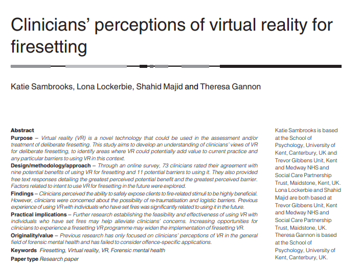 KatieSambrooks's tweet photo. 🎉NEW ARTICLE🎉Our investigation of clinicians' perceptions of the use of VR in the assessment&amp; treatment of deliberate firesetting has been published in the Journal of Forensic Practice. Written with @tagannon1 &amp; our fab @kmptnhs @KMPT_Research colleagues https://t.co/RNYpBWB7eM https://t.co/QJVEZJBmej