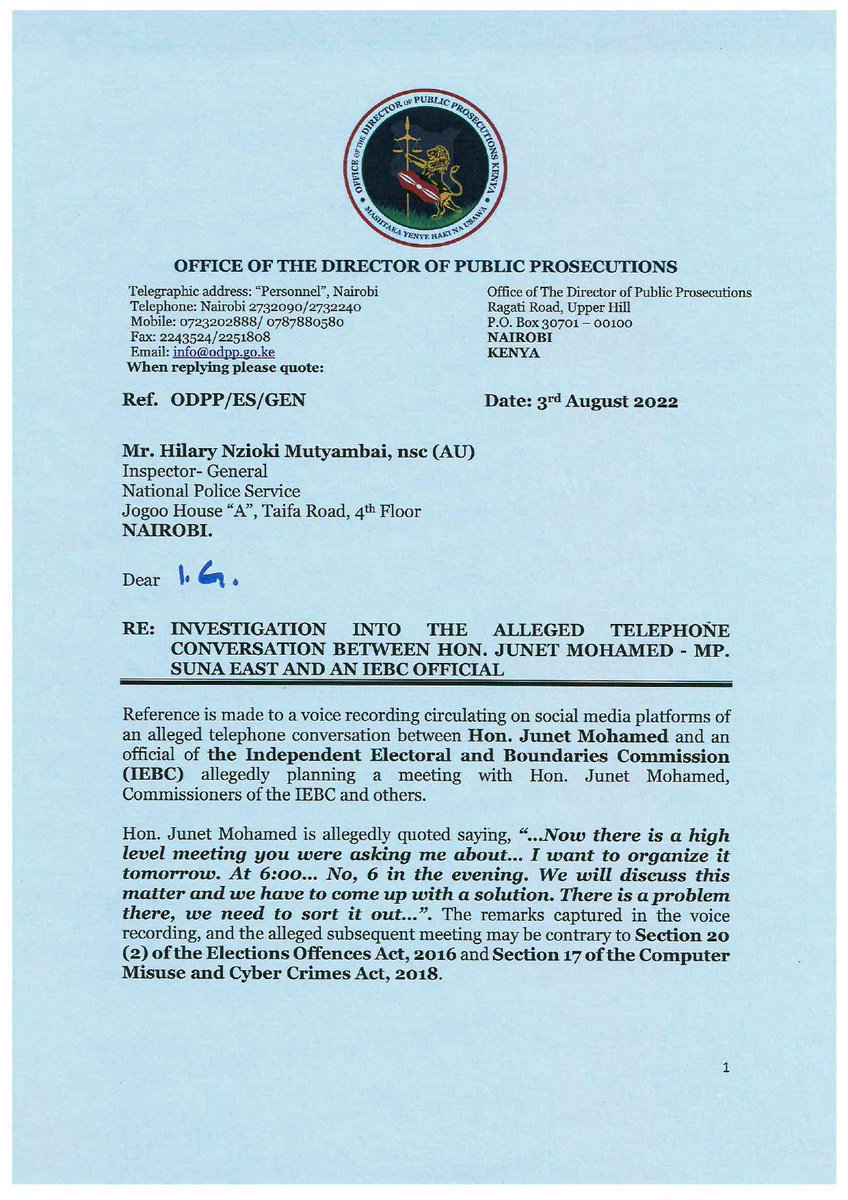 ODPP_KE's tweet photo. The DPP has also directed that the @IG_NPS undertake comprehensive investigations into the audio recordings, source, and transmission of the alleged telephone conversation between Suna East MP and an IEBC official.
#HakiNaUsawa
#Intergity
#GE2022 https://t.co/tjqDzzwAoL