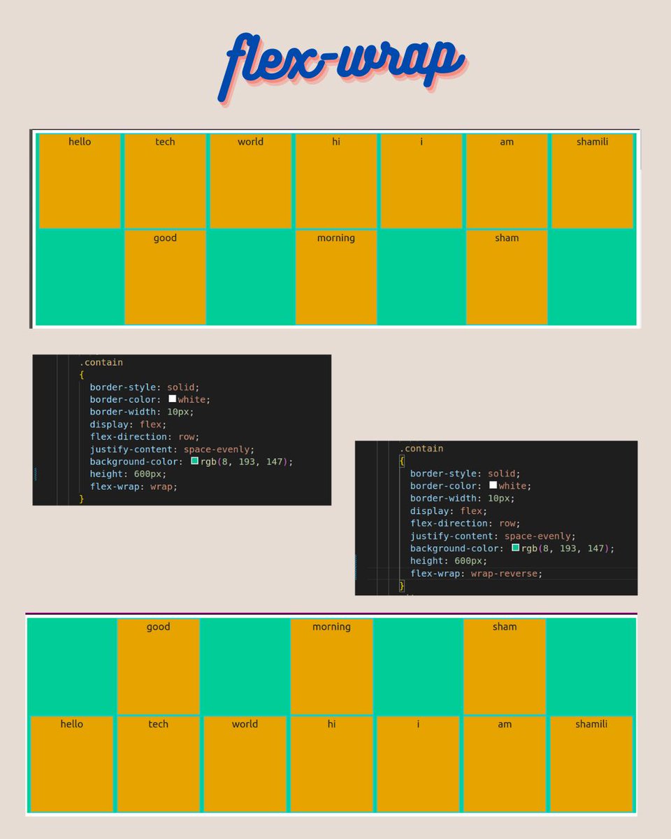 SHAMILI55874899's tweet image. will see............how to work flex-wrap
#css_tricks #learncss #code_world
wrap: flex items will wrap onto multiple lines, from top to bottom
wrap-reverse: flex items will wrap onto multiple lines from bottom to top