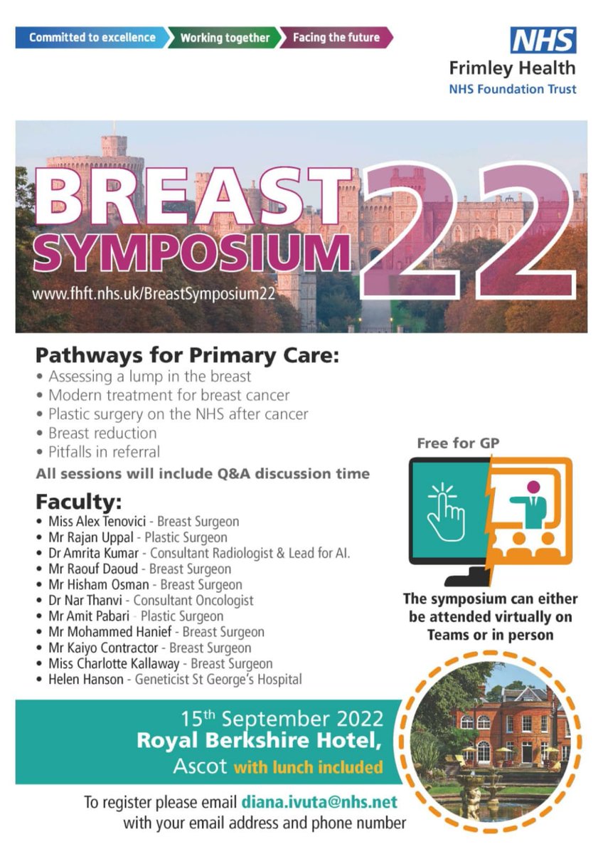 Great to be part of <a href="/FrimleyHealth/">Frimley Health NHS Foundation Trust 💙</a> Breast Symposium 2022 on Thurs 15 Sept #inperson #onlineTeams #RoyalBerkshireAscot🎀

**Free event** fhft.nhs.uk/BreastSymposiu…

For #nhs #gp #clinicians #nurses #breastcancer #breastscreening #breastsurgery #Imaging
<a href="/FederationWAM/">Federation WAM</a> <a href="/FHFT_LearningOD/">Frimley Health Learning and OD 💙</a>