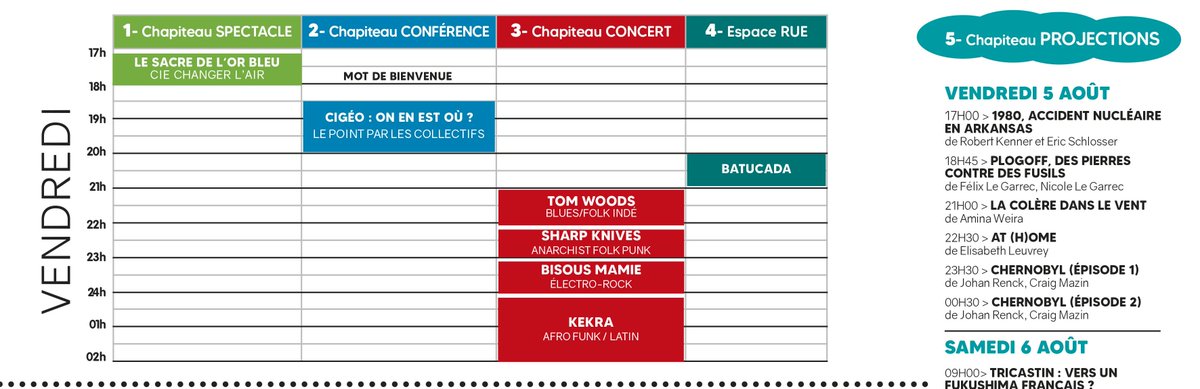 BureFestival's tweet photo. J-1 : ON TRÉPIGNE ! 
Voici la programmation, par journée, en un coup d’œil de tous les spectacles, conférences, concerts, projections (oui ça va être dense!). Elle vous sera distribuée à l'accueil du festival !
#Cigéo #Bure https://t.co/gqoYBVXMOt