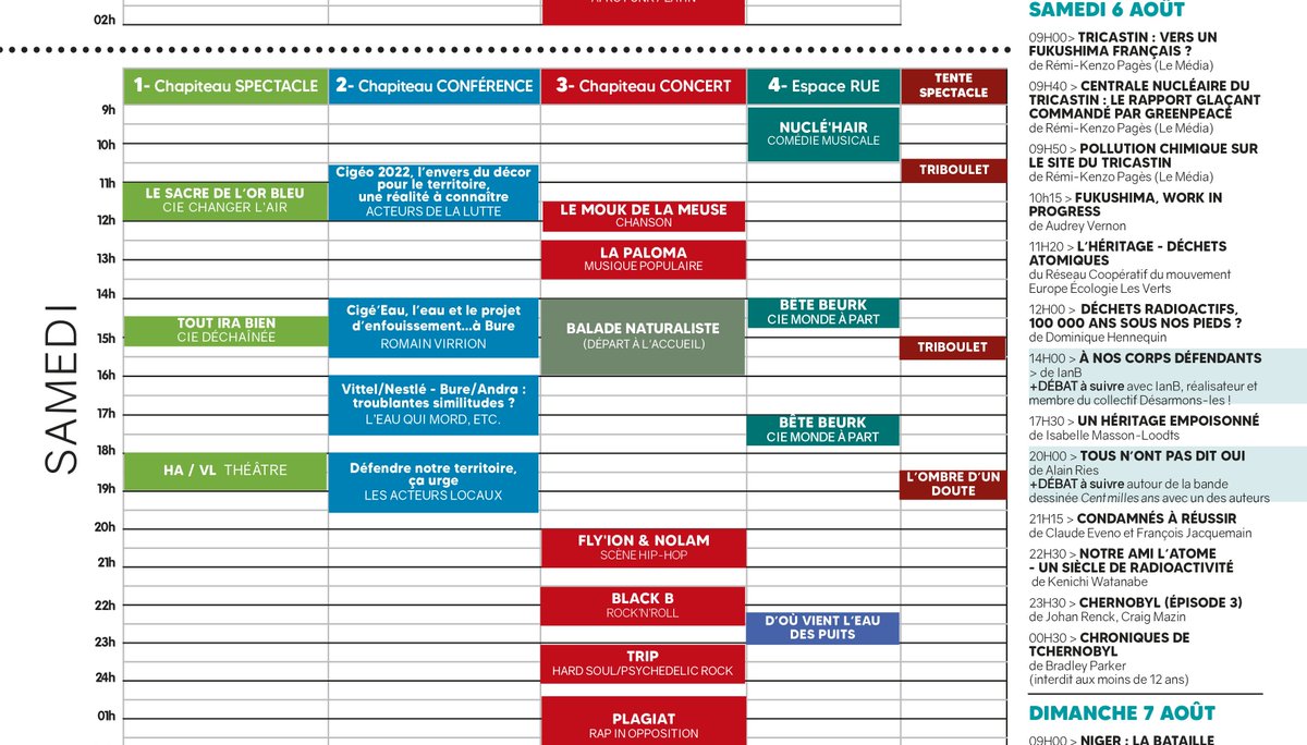 BureFestival's tweet photo. J-1 : ON TRÉPIGNE ! 
Voici la programmation, par journée, en un coup d’œil de tous les spectacles, conférences, concerts, projections (oui ça va être dense!). Elle vous sera distribuée à l'accueil du festival !
#Cigéo #Bure https://t.co/gqoYBVXMOt