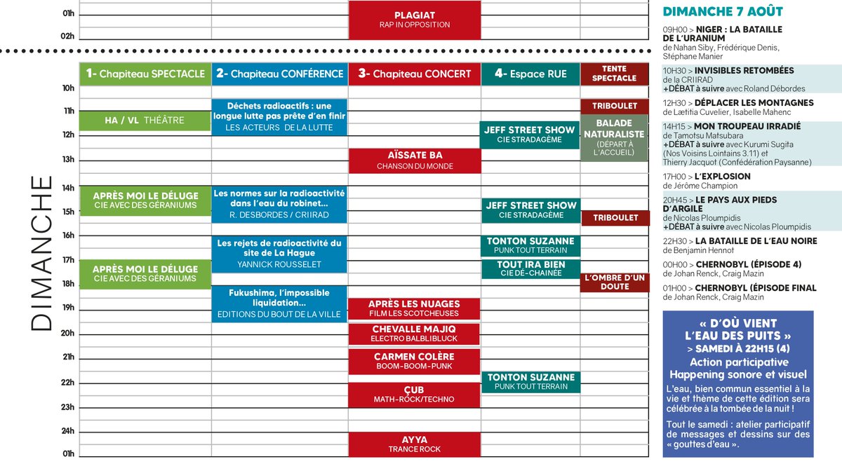 BureFestival's tweet photo. J-1 : ON TRÉPIGNE ! 
Voici la programmation, par journée, en un coup d’œil de tous les spectacles, conférences, concerts, projections (oui ça va être dense!). Elle vous sera distribuée à l'accueil du festival !
#Cigéo #Bure https://t.co/gqoYBVXMOt