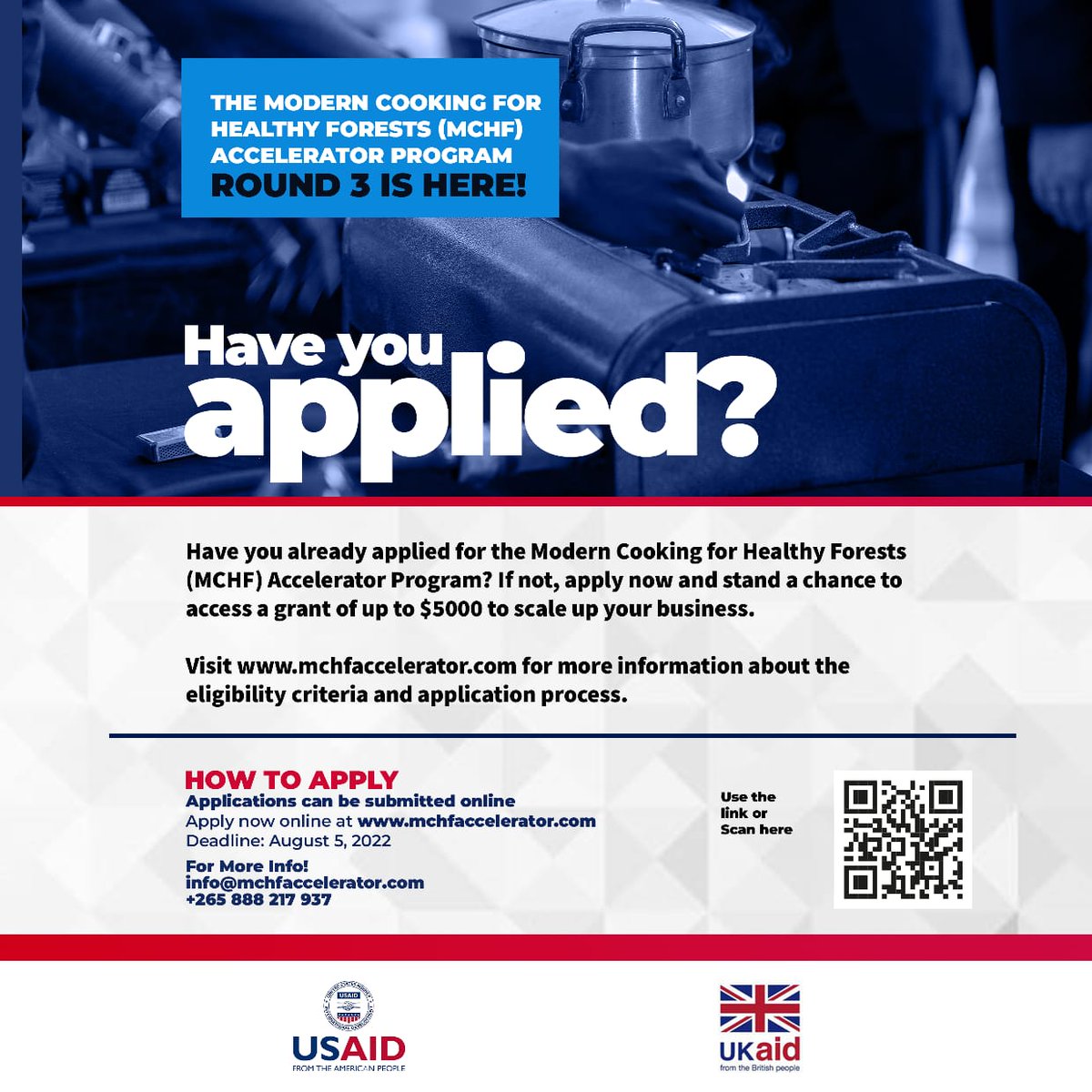 MCHFaccelerator's tweet photo. HAVE YOU APPLIED? 

Applications close tomorrow 5th August 2022 at midnight!!

For the full eligibility criteria and application process follow the link: https://t.co/3sMCsuz5pP or scan the barcode attached to the flyer. 

@USAIDMalawi  @UKaid  @TetraTech  @mHubMW https://t.co/OdiXe2Jtxc