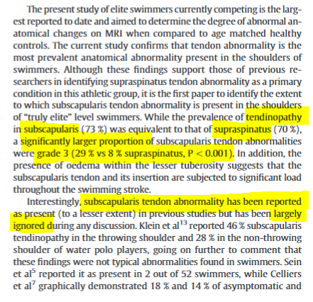 RodWhiteley's tweet photo. Looks like subscapularis tendon injury has been hiding in plain sight - massive study taking MRI's of Australia's Olympic level 🏊swimmers.
No bursal findings, largely, but 20% labral &amp; AC jt injury.
NB - Whether these changes are adaptive or maladaptive still up for debate🎩👏 https://t.co/40AczJSWSm