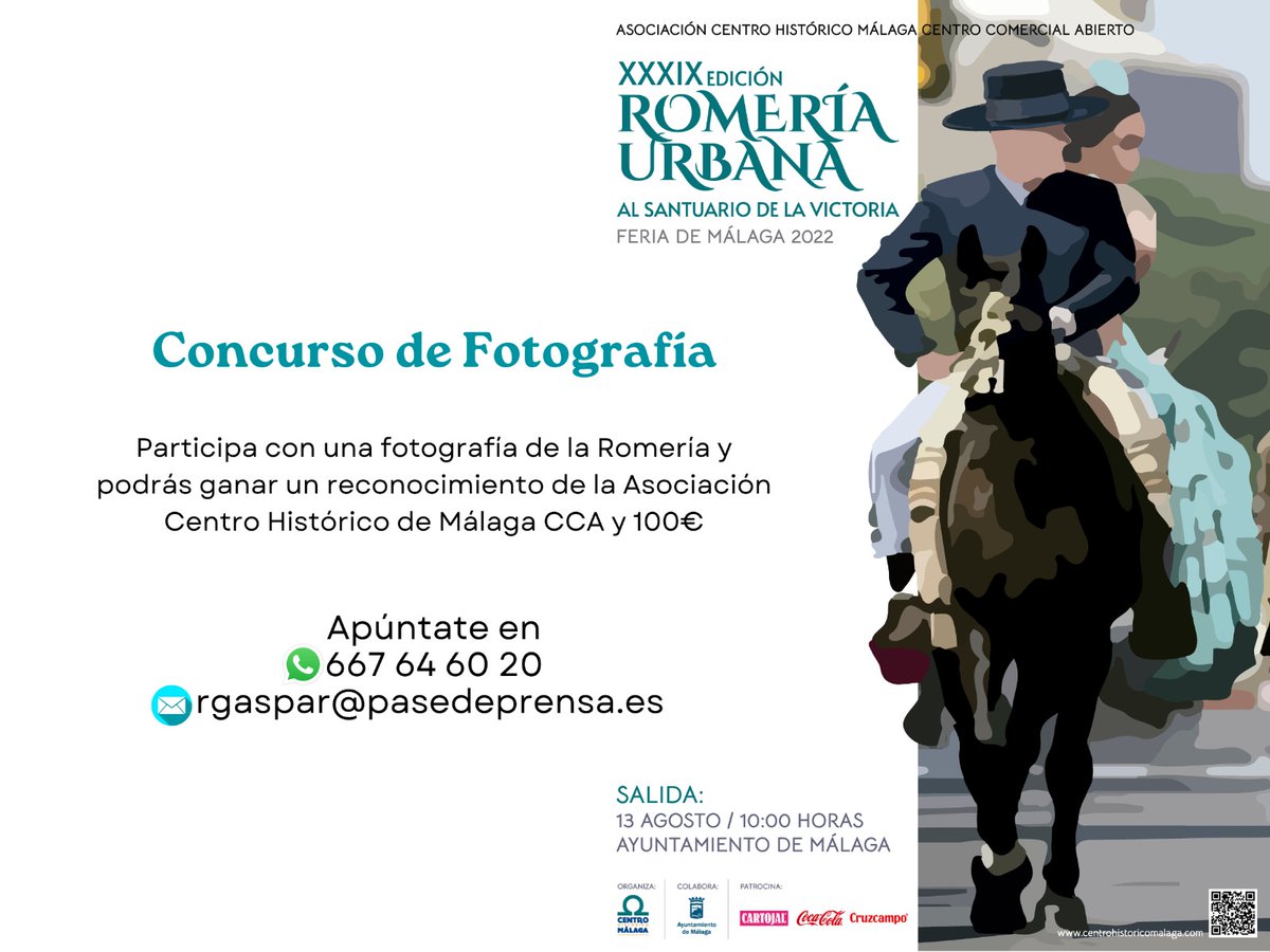 Les recordamos que este año durante la Romería Urbana de la <a href="/feria_malaga/">Feria de Málaga</a> se va a desarrollar el concurso de fotografía.

Les animamos a participar el próximo 13 de agosto.

Pueden encontrar las bases en nuestra web: centrohistoricomalaga.com/concurso-fotog…