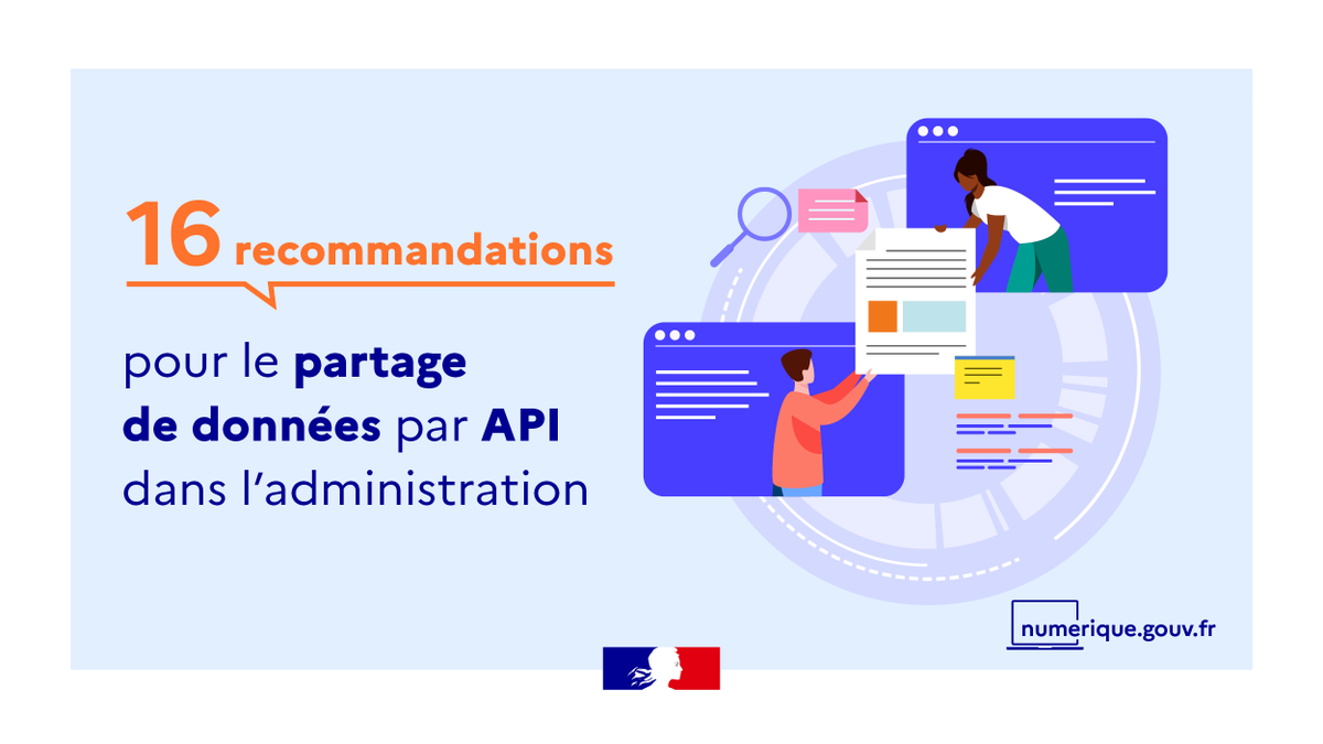 Numerique_Gouv's tweet photo. 🤔 En tant qu’administration, comment bien partager ses #données par #API pour en favoriser la réutilisation ?
Découvrez les 16 recommandations établies par la DINUM, avec le réseau des administrateurs ministériels #AMDAC.

➡️ https://t.co/0UPfdvKa5b https://t.co/gffEUwiB9k