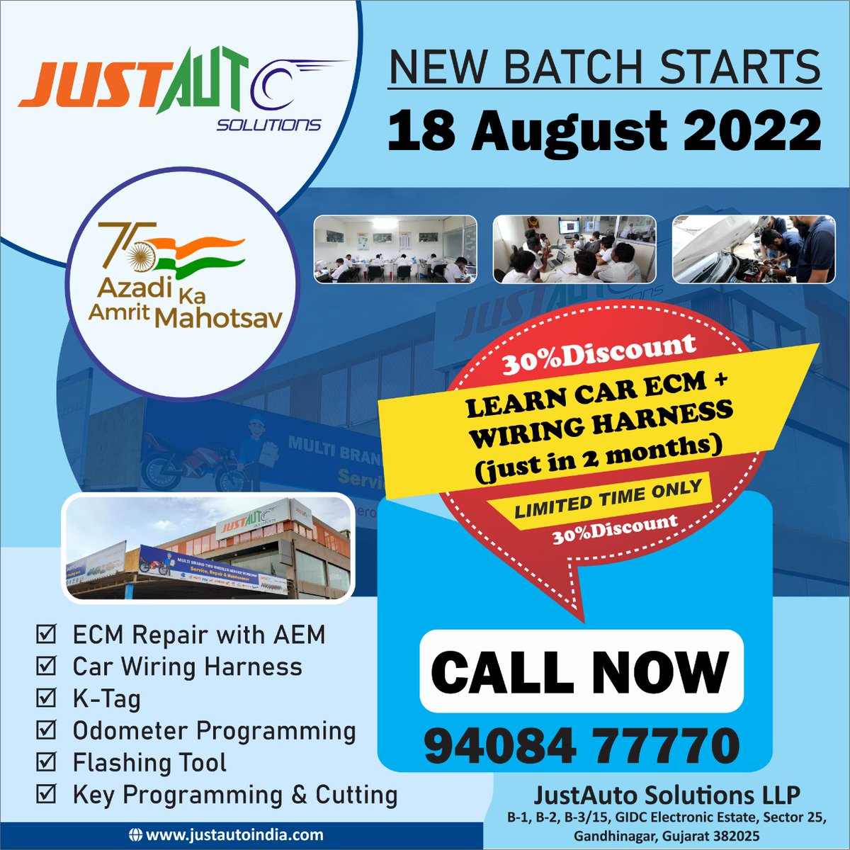JustAuto_India's tweet image. आज़ादी के अमृत महोत्सव में Justauto ने ऑटोमोबाइल ट्रेनिंग पर बम्पर डिस्काउंट स्कीम शुरू की है। 
इसकी ज्यादा जानकारी और एडमिशन के लिए तुरंत संपर्क करें : 9426721222 या 9510021151 
या व्हाट्सप्प मेसेज करें। 
#Justauto #Justautosolutions #Mechanic #Odometer #alternator
#Automobile