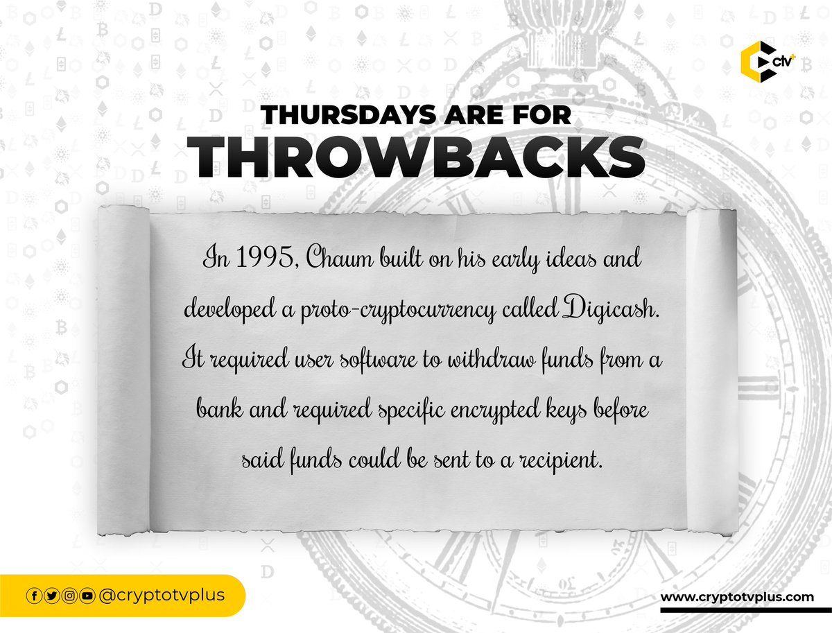 Cryptotvplus's tweet photo. #ThrowbackThursday🎡

In 1995, #Chaum built a proto-cryptocurrency called #Digicash which required user software to withdraw funds from a #bank.

#DidYouKnow #Cryptos #cryptonews #thursdayvibes. https://t.co/pu60eWd7Si