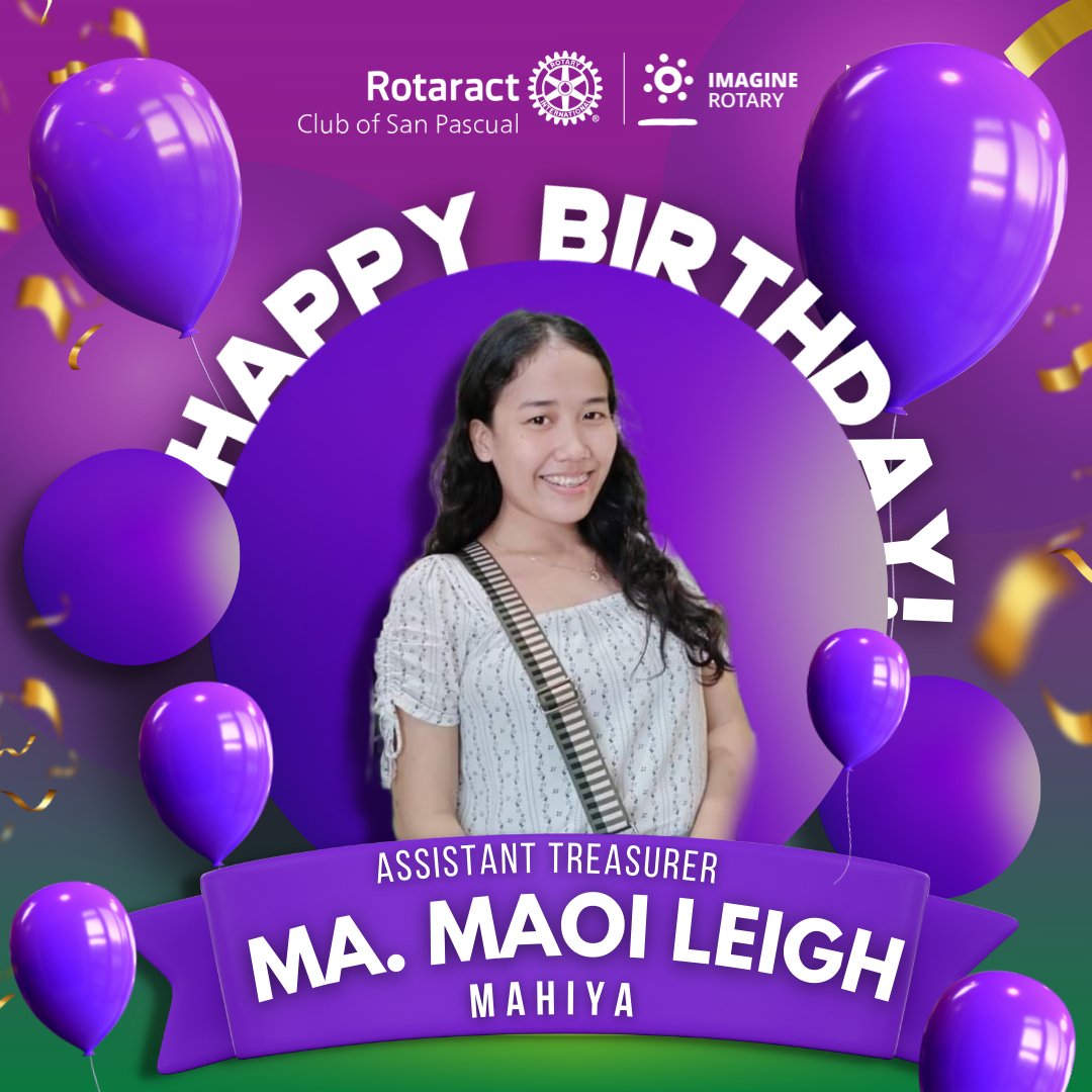 rac_sanpascual's tweet photo. Happiest Birthday to our ASSISTANT TREASURER 𝗠𝗔. 𝗠𝗔𝗢𝗜 𝗟𝗘𝗜𝗚𝗛 𝗠𝗔𝗛𝗜𝗬𝗔! May this day be one of the million reasons for you to smile 💜💚
#ImaginativeYear
#PilipinasRotaractMDIO
#ImagineRotary
#OneCountryOneRotaract
#NewRotaryYear https://t.co/4BRXXESfZO