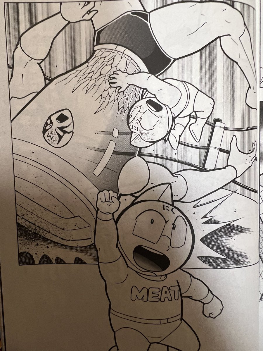今日発売のジャンプコミックス『キン肉マン』79巻のラストページのミートくんの絵は、先ごろお亡くなりになった松島みのりさんを追悼するものです。みのりさん有難うございました。ミートくんは益々活躍させます。#キン肉マン #ミート #松島みのりさん 
