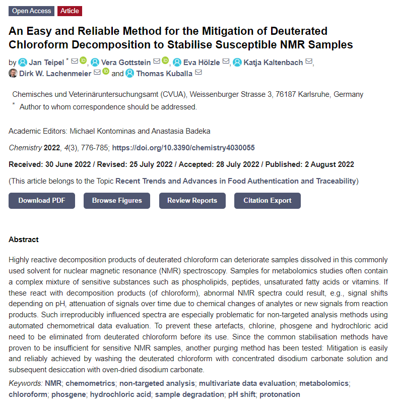 Chemistry_MDPI's tweet photo. How to protect sensitive #NMR samples against deterioration by chloroform-d. An easy way to improve NMR-spectral reproducibility, and a prerequisite for non-targeted analytics (chemometrics).

Welcome to read and RT ! @CVUAKA 
https://t.co/b2KUS1PTLE https://t.co/YbEA7JVWOh