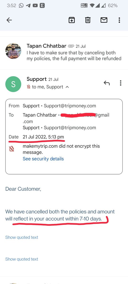 TapanChhatbar's tweet photo. 21 luly 2022 ko tripmoney se aye hue mail me bataya gaya ki apki dono policy cancel ho gayi hai 7 se 10 din me apke ac me amount dikh jayega. @jagograhakjago @GoibiboSupport @AdityaBirlaGrp @abccare https://t.co/KhpN0g8mfi