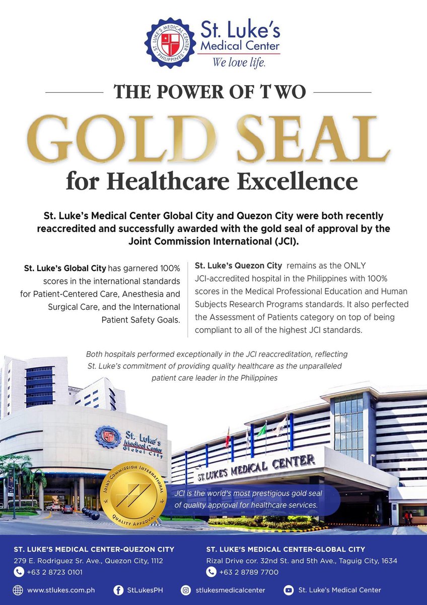 slmccmwhqm's tweet photo. St. Lukeโs Medical Center - Global City and Quezon City were reaccredited by Joint Commission International (JCI)!
#SLMCCM #Lukandoit #Lukandoboth #SafeatSLMC #StLukesPH https://t.co/jJMNSlfGJc
