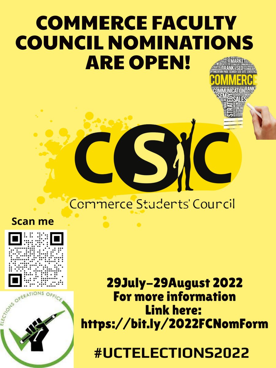 UCTSRCElections's tweet image. Hey #UCT Commerce family! Reminder: Faculty Council Nominations are officially open! Don’t miss out on representing your faculty! Nomination forms available at bit.ly/2022FCNomForm

@UCTCSC #UCTElections2022