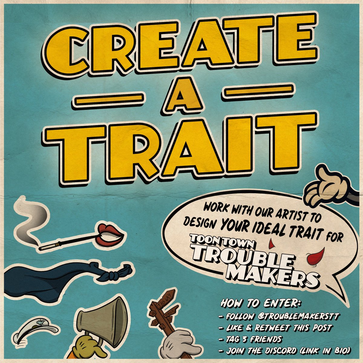 TroublemakersTT's tweet photo. 🏆CREATE-A-TRAIT Competition!🏆

Win the chance to work with our artist, @CultoonStudio, to design YOUR ideal trait for the Toon Town Troublemakers collection.

🏆TO ENTER🏆
-Follow @TroublemakersTT
-Like &amp; RT
-Tag 3 Friends
-Join the Discord

#Solana #SolanaGiveaway #SolanaNFT https://t.co/JSNazFwn85