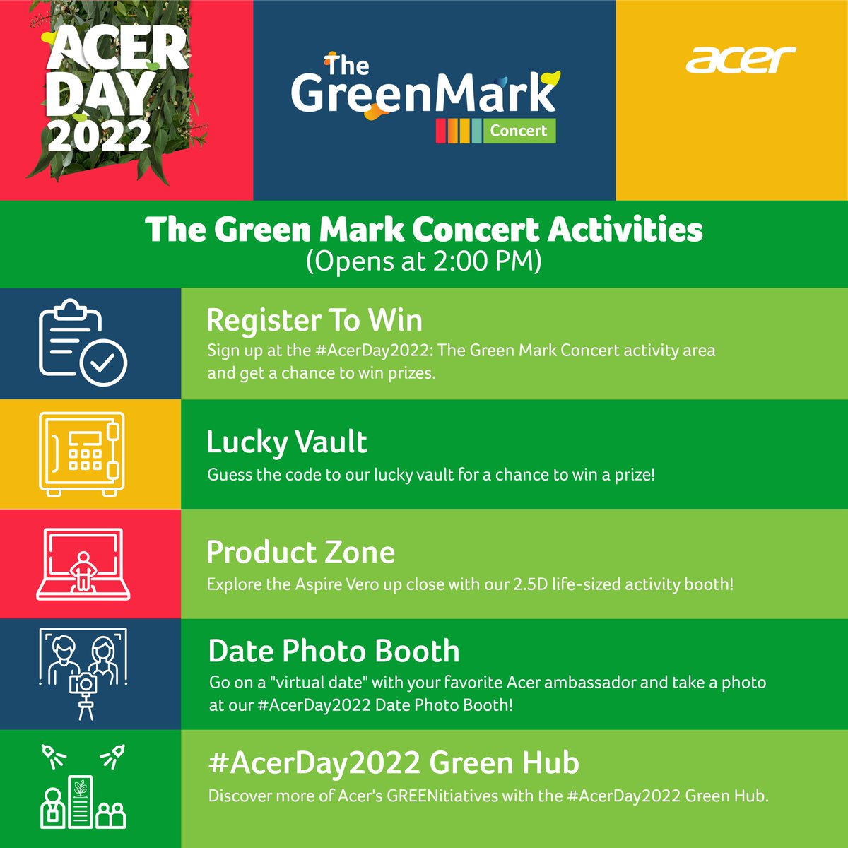 AcerPhils's tweet photo. Know before you go! 😉

Here is everything you need to know about the #AcerDay2022: The Green Mark Concert.

Be on the lookout for future updates on all of our social media channels. #MakeYourGreenMark https://t.co/hKxkooijCK