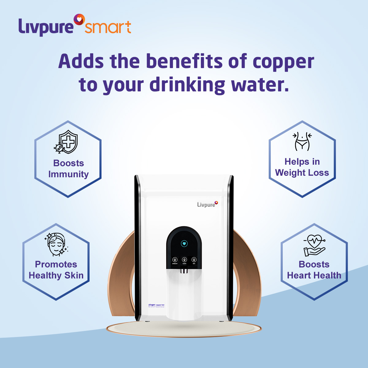 LivpureSmart's tweet photo. We all know that Copper offers various health benefits and gives your drinking water a boost of goodness. Find out how Livpure Smart Zinger Copper Hot RO helps in keeping your family healthy and hydrated.
#copperbenefits #HealthyWater #Copper #CopperTechnology #WaterPurifier https://t.co/99Cf6yh2CX