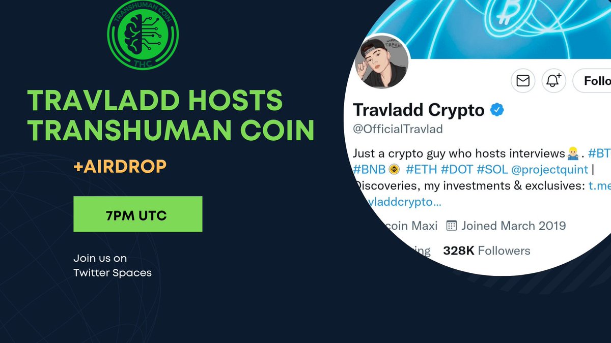 transhumancoin's tweet photo. @OfficialTravlad will feature #TranshumanCoin on his Twitter spaces Tonight 7PM UTC, 8pm GMT+1, 9PM GMT+2 time.  5am Australian time. 3pm in the USA.
#BNB https://t.co/yMCjC4UUMs
@peterxing @pastorcharlesc @cordeiro https://t.co/3Cs8wkj1Wl