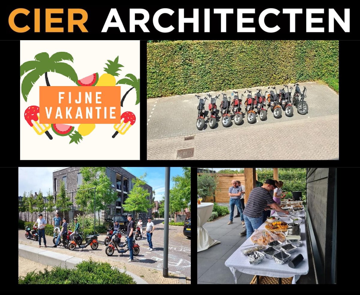 VAKANTIE INLUIDEN!
Eindelijk mochten we weer met z’n allen op stap! Onze vervoersmiddelen voor een rondje in Dongen langs alle projecten van onze architecten stonden klaar. Afsluiten met een lekkere bbq!
Van 8 tot en met 26 augustus 2022 is ons bureau gesloten.

Fijne vakantie!