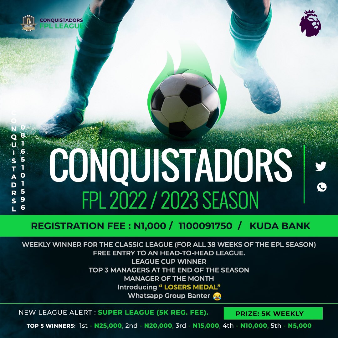 ConquistadorsL's tweet photo. WHO'S READY FOR THE 22/23 SEASON? ⚠️⚠️⚠️

IT'S JUST A FEW HOURS TO GO TILL THE FIRST DEADLINE OF THE SEASON. GET IN!!!!
https://t.co/cv7UHWGTd3

#FantasyFootball #FPL #fantasypremierleague #epl #football #Trending #nigeria https://t.co/HxirKGnB4v