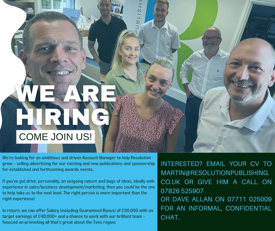 🚨🚨🚨
ＷＥ ＡＲＥ ＨＩＲＩＮＧ

Tees business are recruiting we are looking for an ambitious account manager to help Resolution grow. 

If you believe you are the right person to join the team then please contact us on the details below.

#salescareer  #sales #newjob